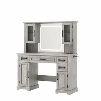 45" Vanity Desk with Lighted Mirror and Charging Station, Makeup Table with Drawers & Cabinets