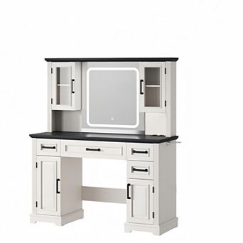 45" Vanity Desk with Lighted Mirror and Charging Station, Makeup Table with Drawers & Cabinets