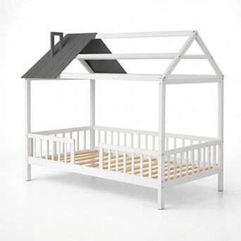 Lufeiya Twin Size House Bed Frame with Roof, Fence, and Chimney, Wood Slats