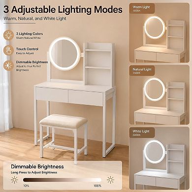 Lufeiya Small Vanity Desk with LED Mirror, 3 Lighting Modes, Power Outlet, Drawer, and Stool