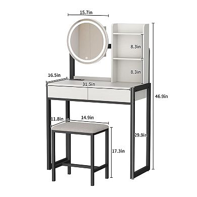 Lufeiya Small Vanity Desk with LED Mirror, 3 Lighting Modes, Power Outlet, Drawer, and Stool