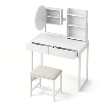 Lufeiya Small Vanity Desk with LED Mirror, 3 Lighting Modes, Power Outlet, Drawer, and Stool