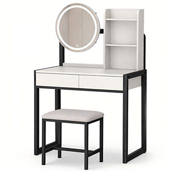 Lufeiya Small Vanity Desk with LED Mirror, 3 Lighting Modes, Power Outlet, Drawer, and Stool
