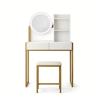 Lufeiya Small Vanity Desk with LED Mirror, 3 Lighting Modes, Power Outlet, Drawer, and Stool