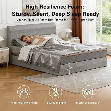 All-Foam Bed Frame with Padded Headboard, No Tools, Silent High-Resilience Foam for Dorms, Renters