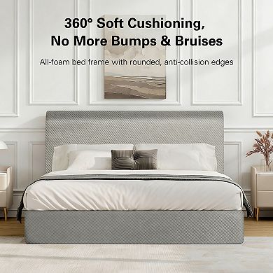 All-Foam Bed Frame with Padded Headboard, No Tools, Silent High-Resilience Foam for Dorms, Renters