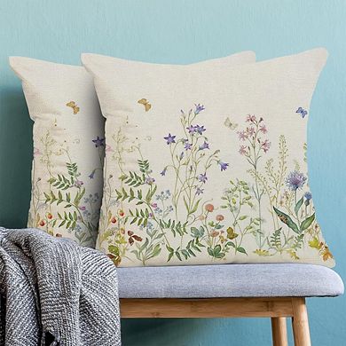Spring Wildflower Throw Pillow Covers Set, Sage Green Butterfly Linen Cushion Cases