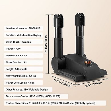 Foldable 2 Tube Boot Dryer with 180 Minute Timer Heat Blower for Snow Boots Shoes