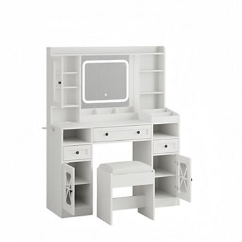 44.5"W Vanity Desk with Lighted Mirror & Stool, Cabinets & Drawers, LED Lights & Charging Ports