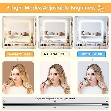 44.5"W Vanity Desk with Lighted Mirror & Stool, Cabinets & Drawers, LED Lights & Charging Ports