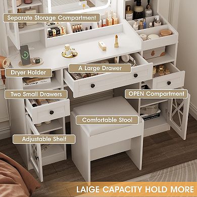 44.5"W Vanity Desk with Lighted Mirror & Stool, Cabinets & Drawers, LED Lights & Charging Ports