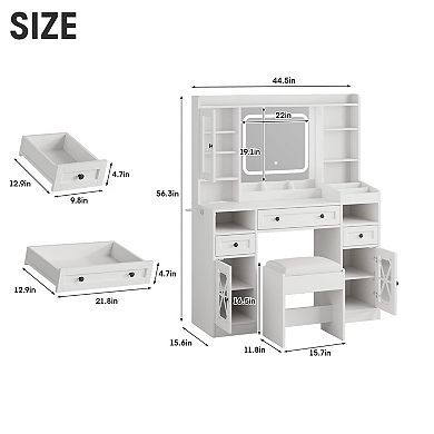 44.5"W Vanity Desk with Lighted Mirror & Stool, Cabinets & Drawers, LED Lights & Charging Ports