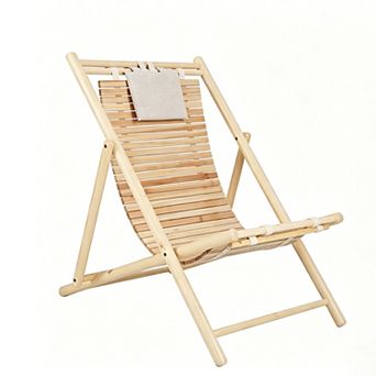 Solid Fir Wood Lounge Chair 3-Level Adjustable Backrest Padded Headrest