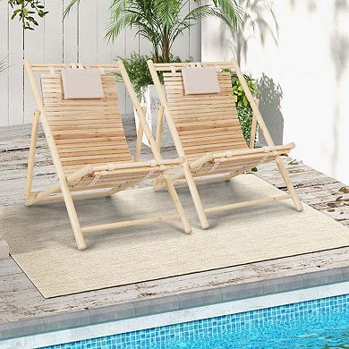 Solid Fir Wood Lounge Chair 3-Level Adjustable Backrest Padded Headrest