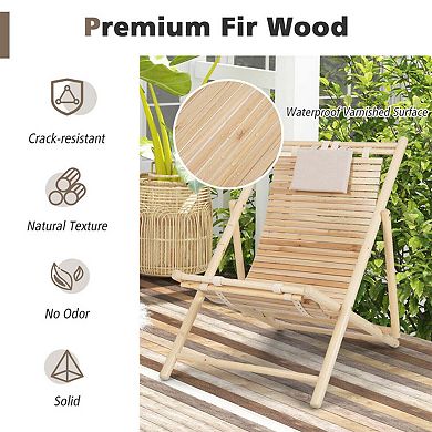 Solid Fir Wood Lounge Chair 3-Level Adjustable Backrest Padded Headrest