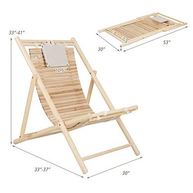 Solid Fir Wood Lounge Chair 3-Level Adjustable Backrest Padded Headrest