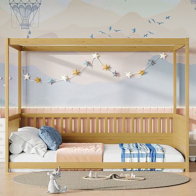 KWPZQEB Canopy Floor Bed Frame with Guardrails, Twin / Full Size