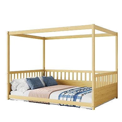 KWPZQEB Canopy Floor Bed Frame with Guardrails, Twin / Full Size