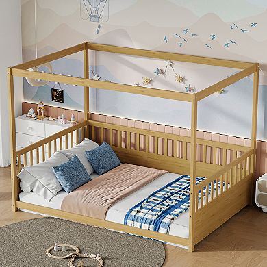 KWPZQEB Canopy Floor Bed Frame with Guardrails, Twin / Full Size