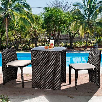 3 Pieces Cushioned Wicker Patio Bistro Set, No Assembly Needed