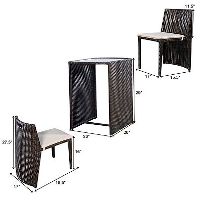 3 Pieces Cushioned Wicker Patio Bistro Set, No Assembly Needed