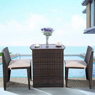 3 Pieces Cushioned Wicker Patio Bistro Set, No Assembly Needed