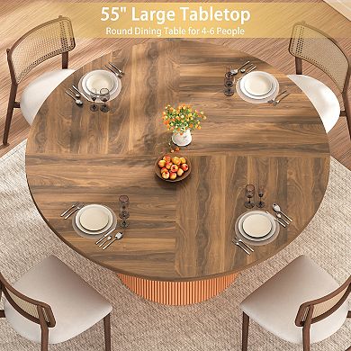 55" Modern Rotating Round Dining Table for 4-6, Swivel Kitchen Table with Fluted Pedestal Base