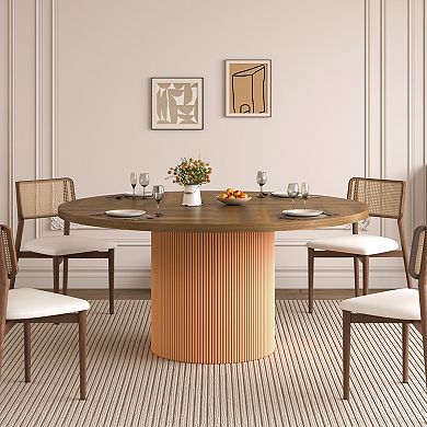 55" Modern Rotating Round Dining Table for 4-6, Swivel Kitchen Table with Fluted Pedestal Base