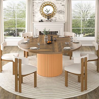 55" Modern Rotating Round Dining Table for 4-6, Swivel Kitchen Table with Fluted Pedestal Base