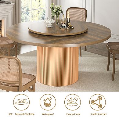 55" Modern Rotating Round Dining Table for 4-6, Swivel Kitchen Table with Fluted Pedestal Base