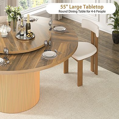 55" Modern Rotating Round Dining Table for 4-6, Swivel Kitchen Table with Fluted Pedestal Base