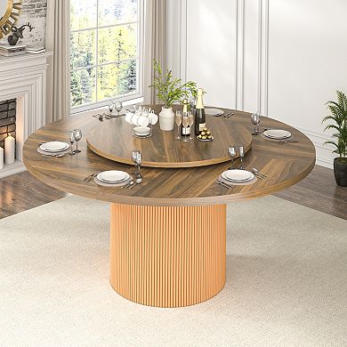 55" Modern Rotating Round Dining Table for 4-6, Swivel Kitchen Table with Fluted Pedestal Base