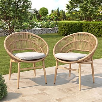 KWPZQEB 2 pc Outdoor Wicker Papasan Style Dining Chair with Cushion, Faux Rattan Chair for Beach