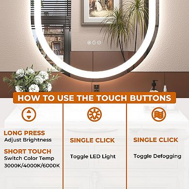 20"W x 30"H Round Frontlit Glass Bathroom Vanity Mirror Dimmable LED Fog-Free Horizontal or Vertical