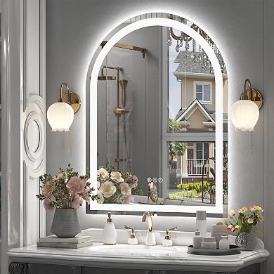 28"W x 38"H Arched Frontlit Glass Bathroom Vanity Mirror with Dimmable LED Lights and Fog-Free