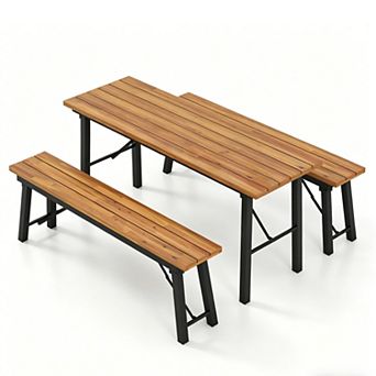 Clihome Outdoor Dining Table and Bench Set with Acacia Wood Top for Yard Garden Poolside