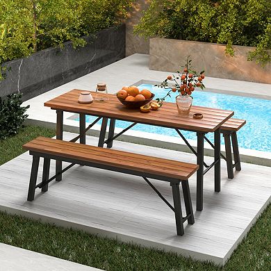 Clihome Outdoor Dining Table and Bench Set with Acacia Wood Top for Yard Garden Poolside