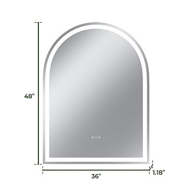 36"W x 48"H Arched Frontlit Glass Bathroom Vanity Mirror with Dimmable LED Lights and Fog-Free