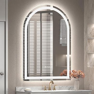 24"W x 40"H Arched Frontlit Glass Bathroom Vanity Mirror with Dimmable LED Lights and Fog-Free
