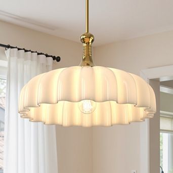 1-Light Gold Pendant Light with white glass shade elegant hanging lamp for kitchen, dining, bedroom.