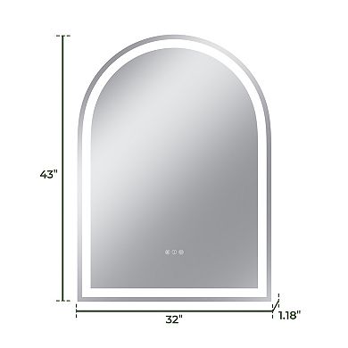 32"W x 43"H Arched Frontlit Glass Bathroom Vanity Mirror with Dimmable LED Lights and Fog-Free