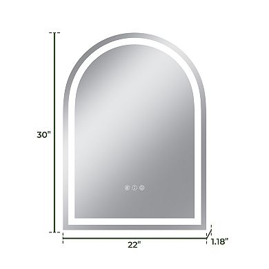 22"W x 30"H Arched Frontlit Glass Bathroom Vanity Mirror with Dimmable LED Lights and Fog-Free