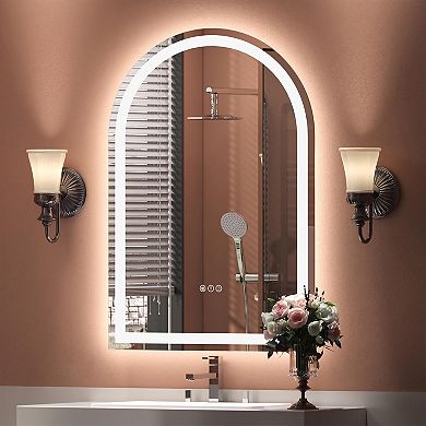 22"W x 30"H Arched Frontlit Glass Bathroom Vanity Mirror with Dimmable LED Lights and Fog-Free