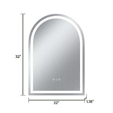 22"W x 32"H Arched Frontlit Glass Bathroom Vanity Mirror with Dimmable LED Lights and Fog-Free