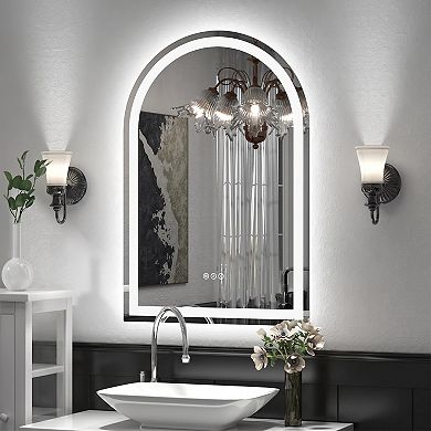 22"W x 32"H Arched Frontlit Glass Bathroom Vanity Mirror with Dimmable LED Lights and Fog-Free