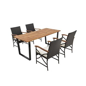 Clihome 5 pc Patio Rattan Dining Set with Acacia Wood Table & Armrests
