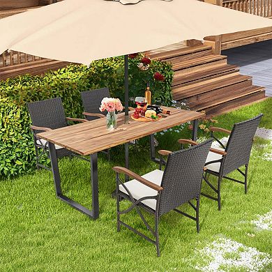 Clihome 5 Pieces Patio Rattan Dining Set with Acacia Wood Table & Armrests
