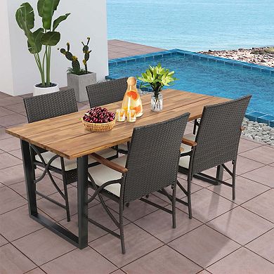 Clihome 5 Pieces Patio Rattan Dining Set with Acacia Wood Table & Armrests