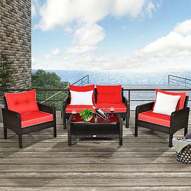 Clihome 4 Pieces Patio Rattan Sofa Set Free-Combination with Cushion & Coffee Table