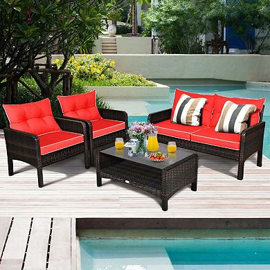 Clihome 4 Pieces Patio Rattan Sofa Set Free-Combination with Cushion & Coffee Table